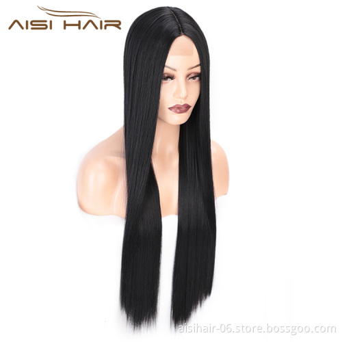 Aisi Hair 26 inch Natural Black Wig Long Silky Straight Lace Frontal Wig Middle Part Synthetic Front Lace Hair Wigs For Women